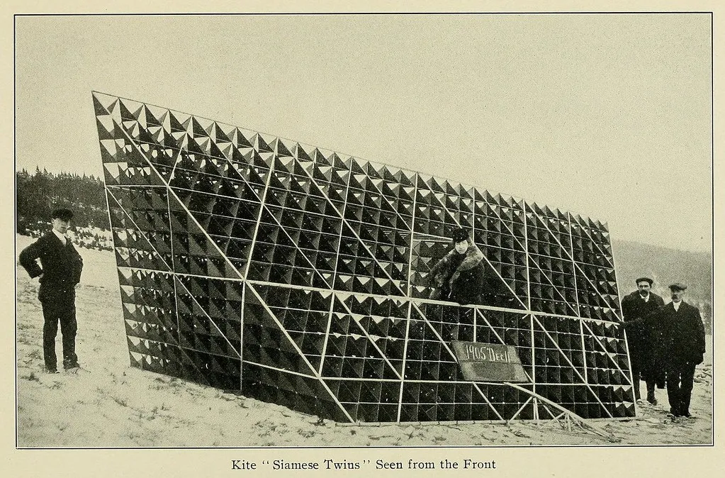Alexander Graham Bell flight team elevating tetrahedral kite structure (1903)