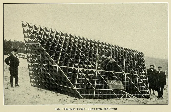 Alexander Graham Bell flight team elevating tetrahedral kite structure (1903)
